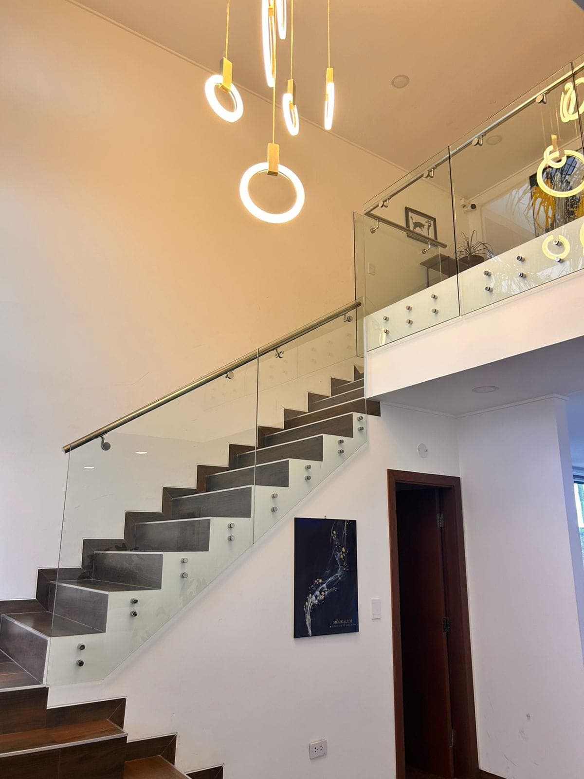 The staircase inside Davezies House at night